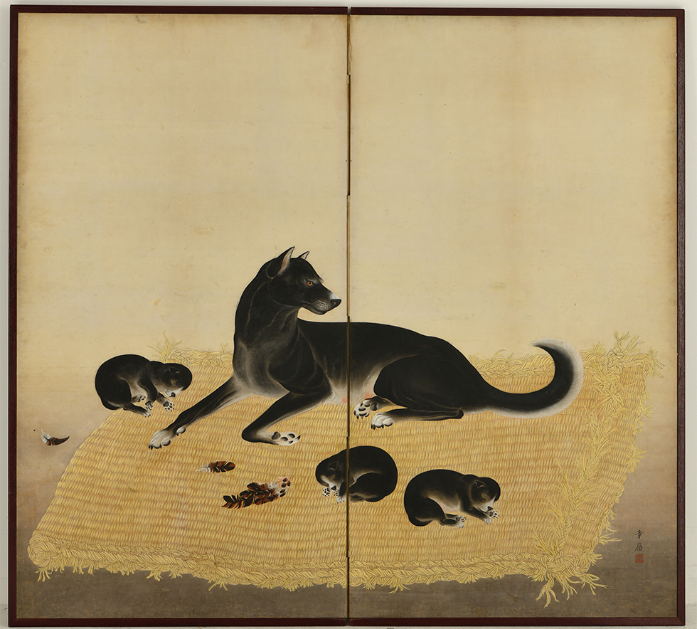 A two-panel folding screen“Dogs” painted by Shorei (unknown, Meiji to Taishō era)