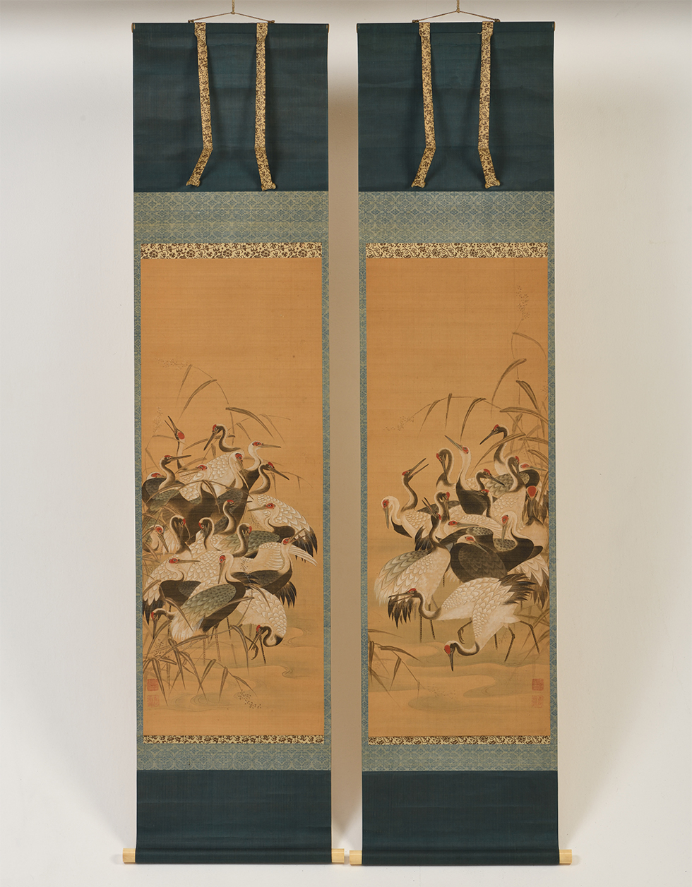 A pair of hanging scrolls “Flock of Cranes” with two seals (unidentified)