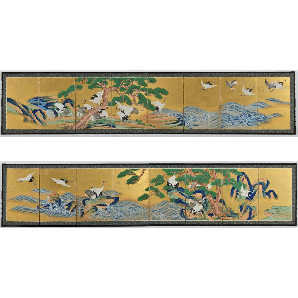 Folding Screens with Painting of Cranes and Waves